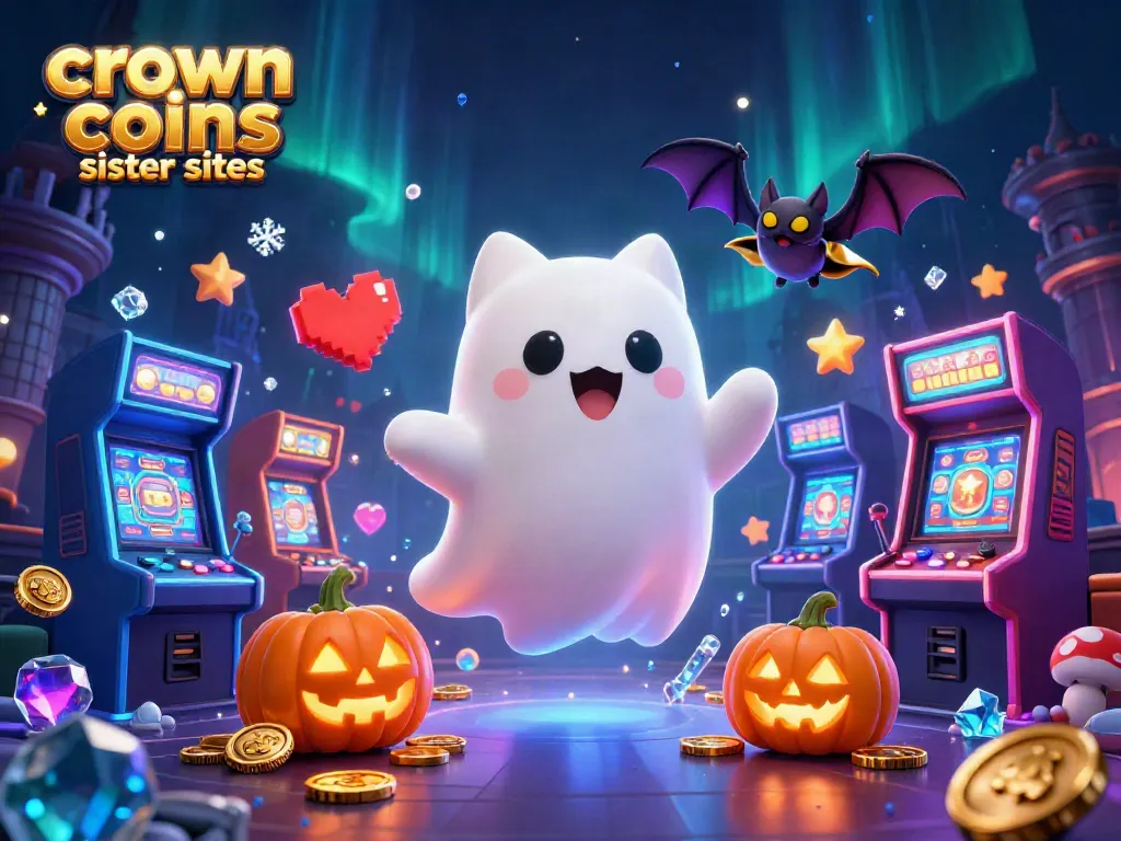 Engage with crown coins casino sister sites in a vibrant casino scene featuring ghostly characters and game elements.