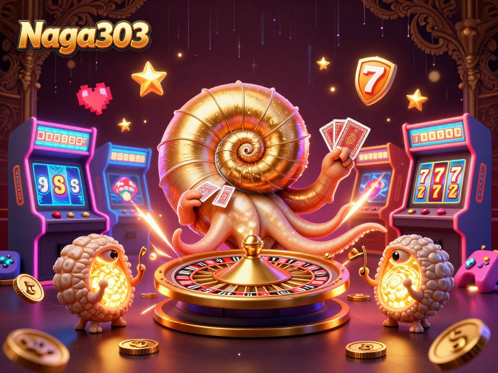 Naga303 mengalahkan jackpot dengan nautilus raksasa dan mesin slot gemerlap, suasana kasino yang energik.
