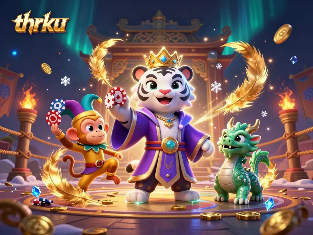 Thrku offers exciting gambling adventures with a magical 3D scene featuring a royal tiger, playful monkey, and jade dragon.