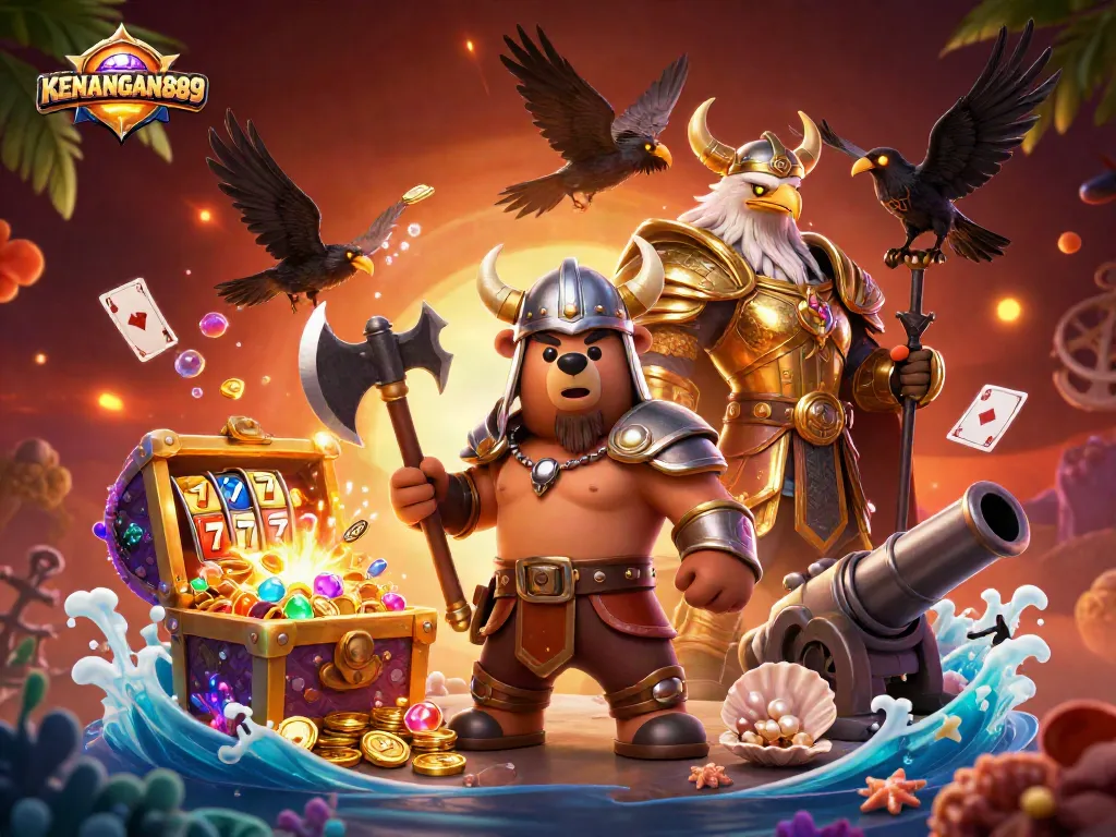 Experience the wins and excitement at KENANGAN889 with vibrant casino illustrations and engaging characters.