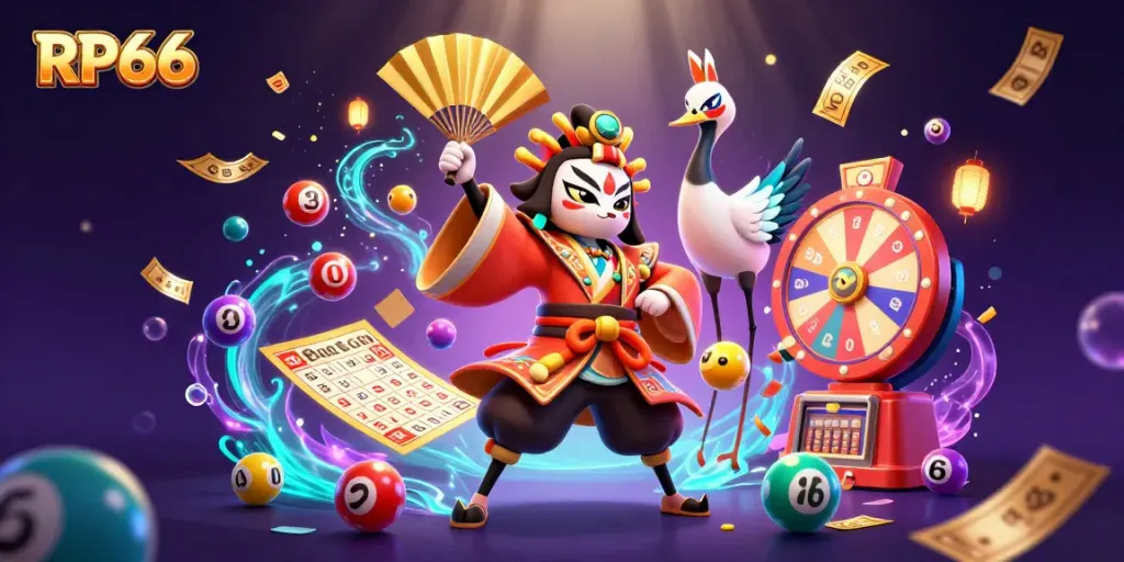 Experience the vibrant world of RP66 with a kabuki warrior and kitsune mask, amidst colorful lottery elements.