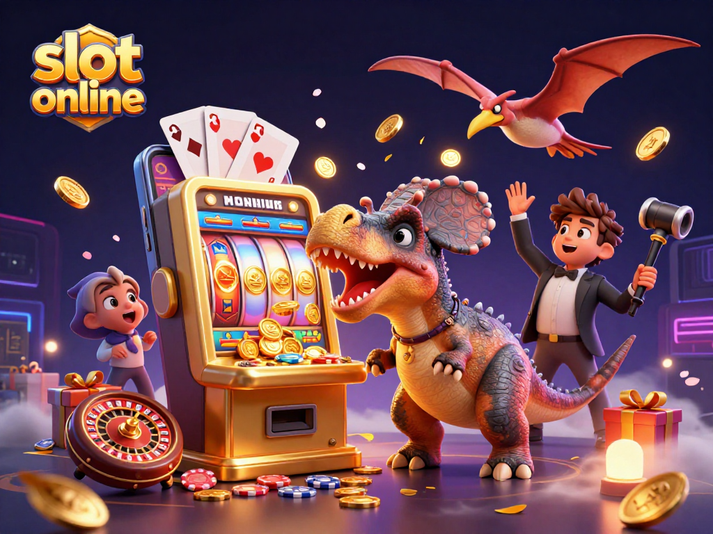 Slot online dengan pachycephalosaurus yang memukul mesin slot emas, koin berhamburan.