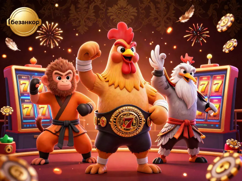 Experience безанкор thrilling moments with a festive casino arena, featuring a victorious Muay Thai rooster, Shaolin monkey, and wise crane master.
