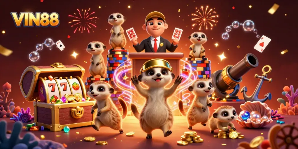 Experience thrilling gameplay at VIN88 with lively meerkats managing a casino in an engaging underwater scene.