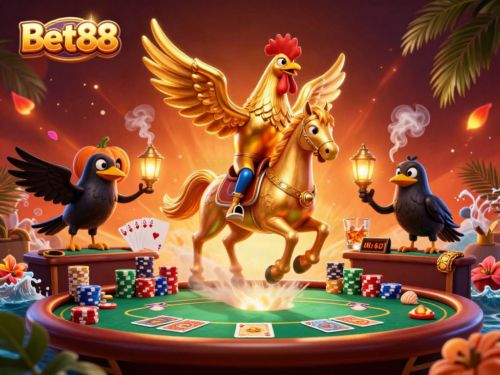 The Bet88 golden rooster leads a vibrant casino scene, showcasing poker excitement.