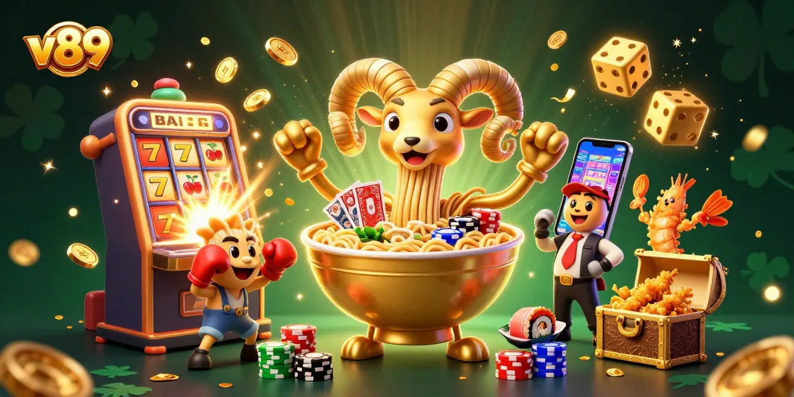 Permainan slot v89 dengan karakter ramen emas yang mengedarkan kartu dan menumpuk chip, memberikan keseruan.