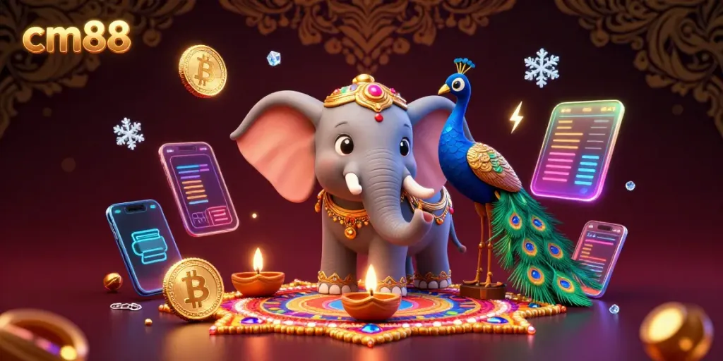 Engage with cm88's vibrant casino experience, featuring a Diwali-themed elephant and peacock surrounded by crypto elements.