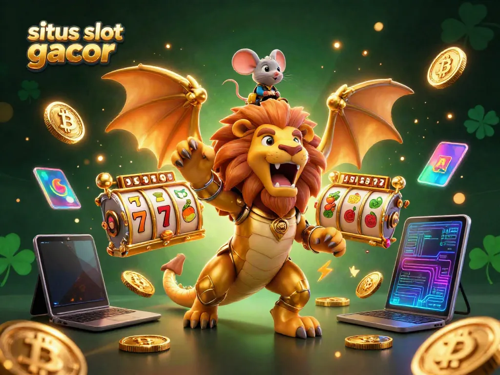 Experience situs slot gacor through this vibrant 3D illustration of a chimera creature celebrating wins with slot elements and cryptocurrencies.
