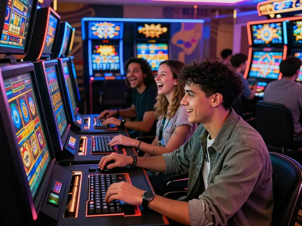 Engaged players enjoying online gambling at akunjp casino, vibrant digital atmosphere.