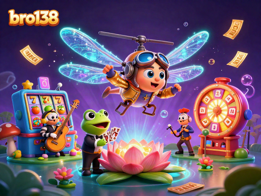 Experience thrilling gaming action with bro138 at a vibrant lily pad casino featuring engaging characters.