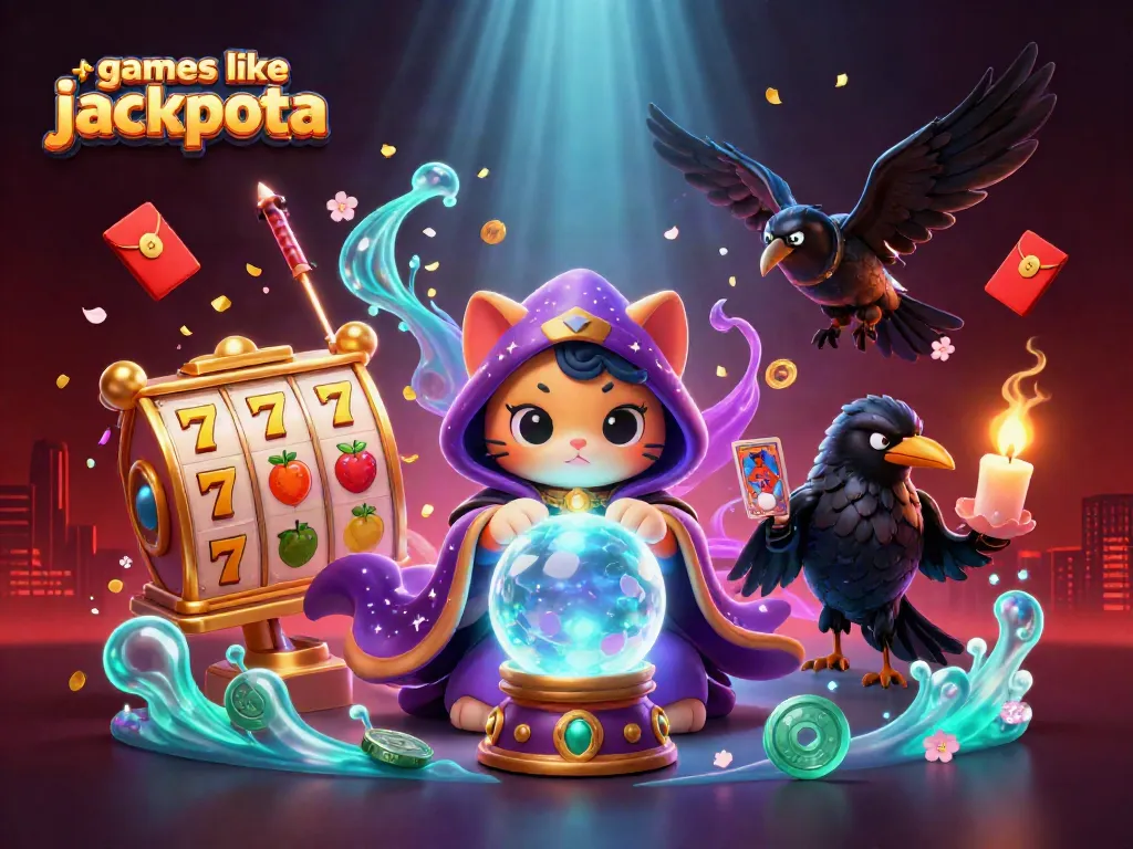 Play thrilling games like Jackpota with a vibrant 3D illustration featuring slots, mystic characters, and festive elements.