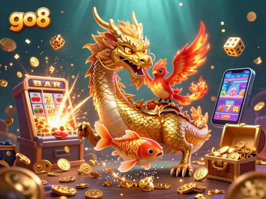 Experience the go8 thrill with a dazzling scene featuring a powerful dragon and jackpot explosion.