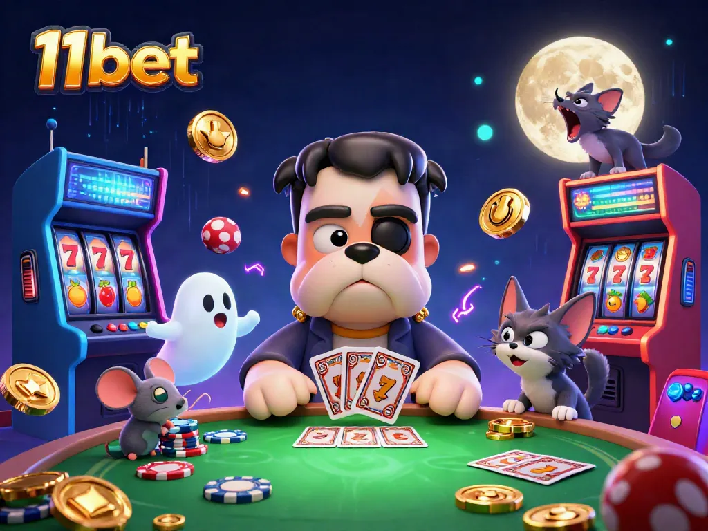 Join the excitement at 11bet with dynamic casino characters at a vibrant gaming table.