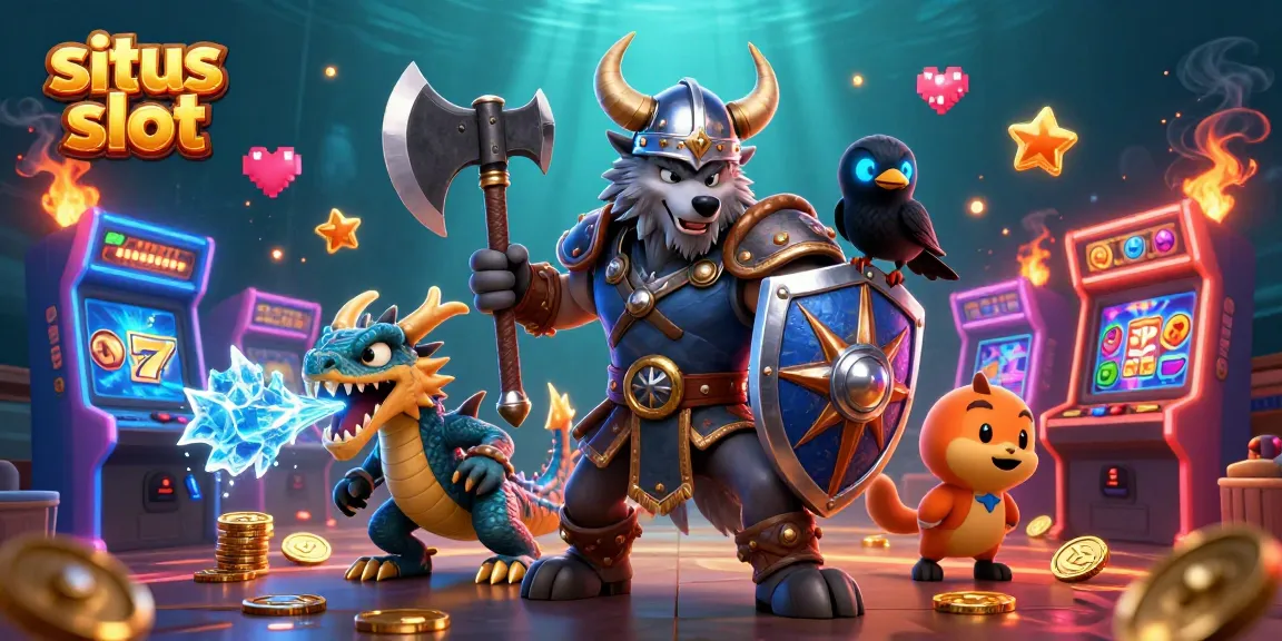 Experience situs slot excitement with a Viking warrior, dragon, and vibrant slot game elements.