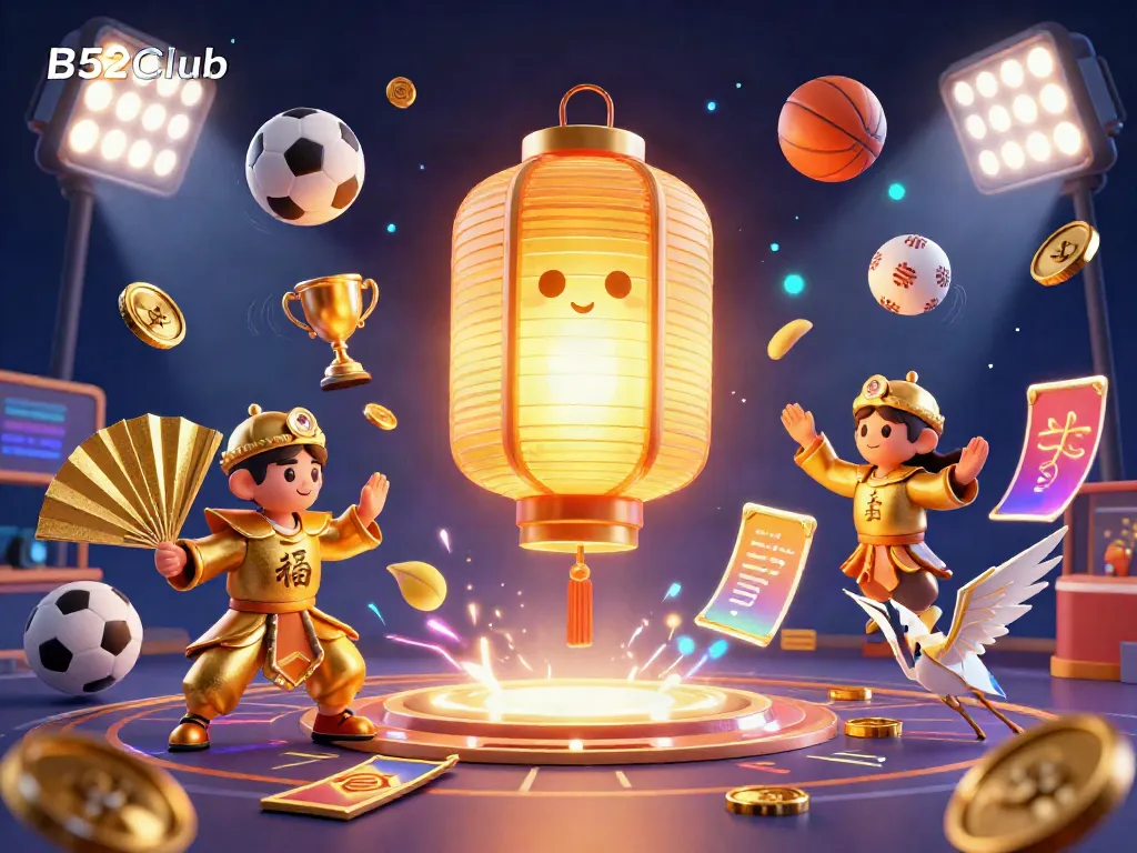 Experience the excitement of B52Club with vibrant game elements and lucky symbols in a dynamic casino illustration.