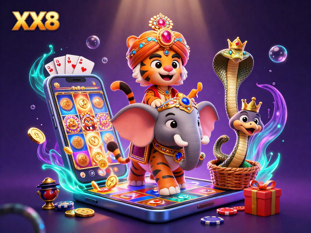 Experience the thrill of XX8 with a vibrant 3D scene featuring a maharaja and casino games.