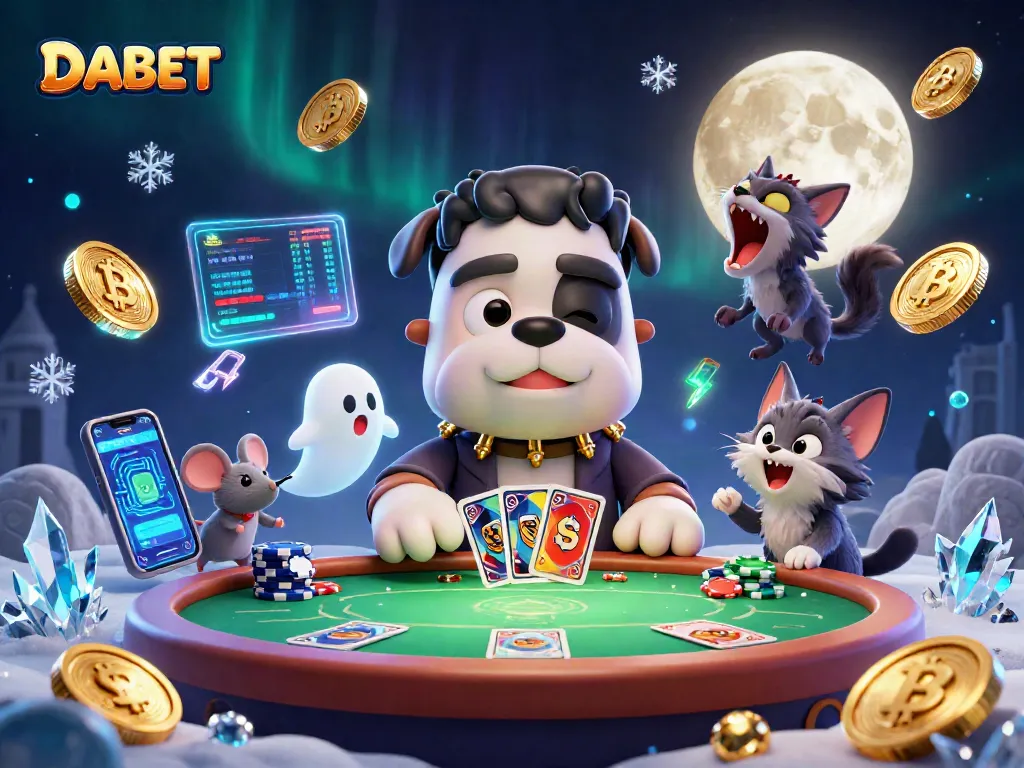 DABET reveals a spooky poker scene with a Frankenstein bulldog dealing cards surrounded by vibrant crypto elements.