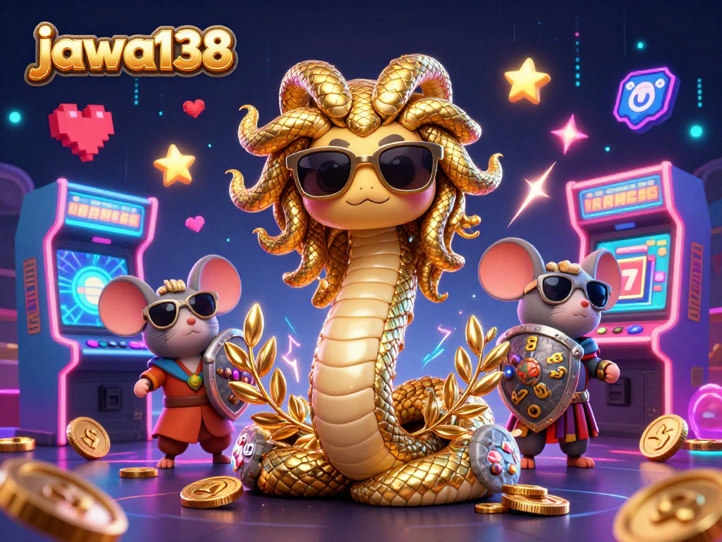 Experience the fun at jawa138 with Medusa and friends enjoying slots and games in an exciting illustration.