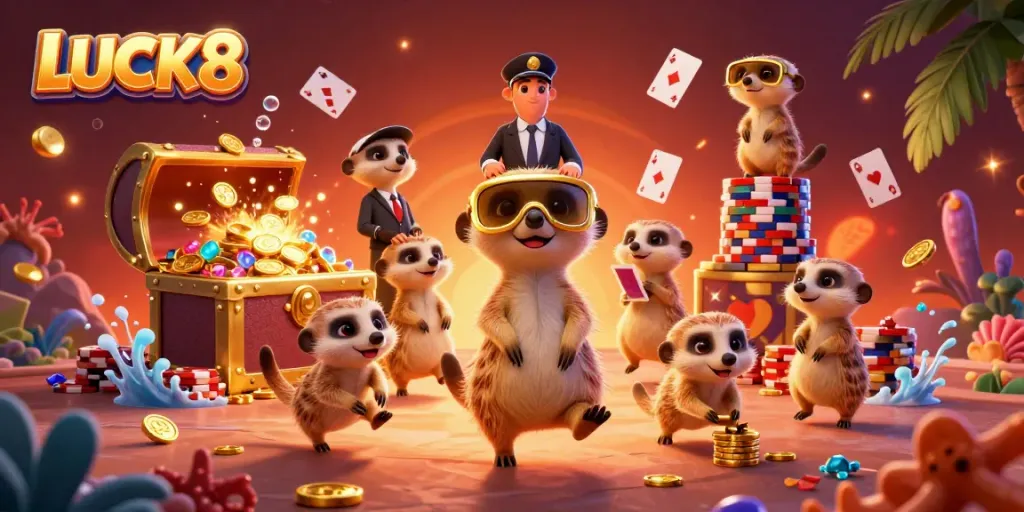 Experience the vibrant LUCK8 casino adventure with meerkats and dynamic gaming elements bursting with excitement.