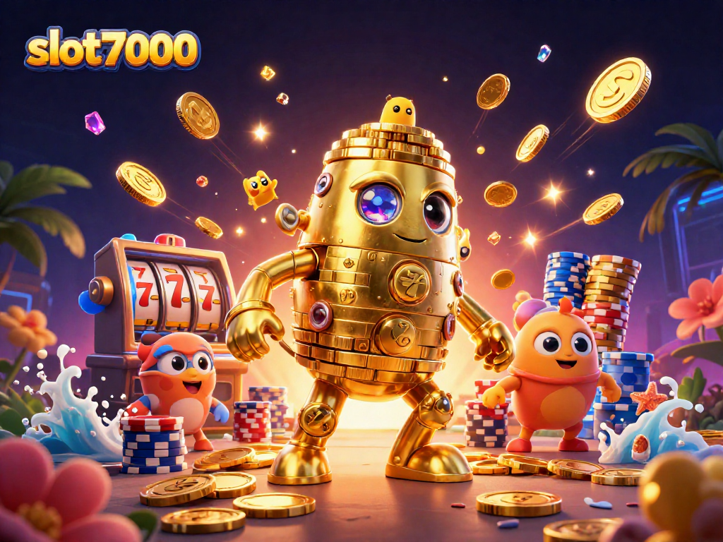 Menangkan jackpot di slot7000 dengan golem emas berkilau dan simbol mesin slot yang menarik.