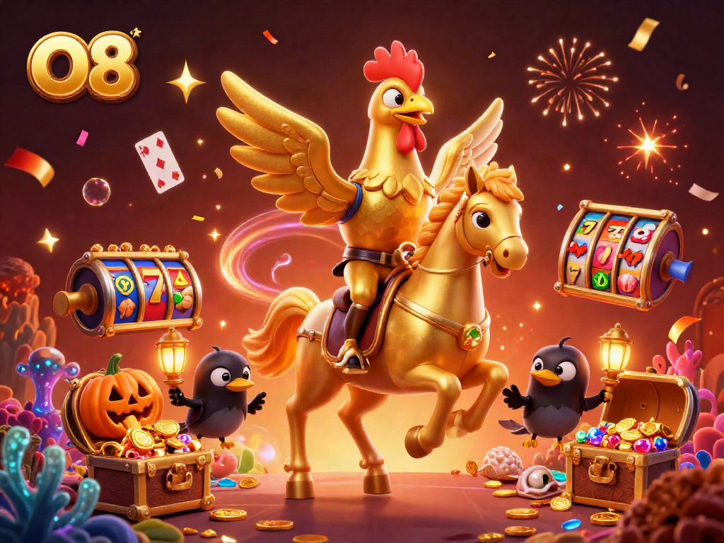Experience O8's vibrant casino magic with a golden rooster riding a spectral horse.