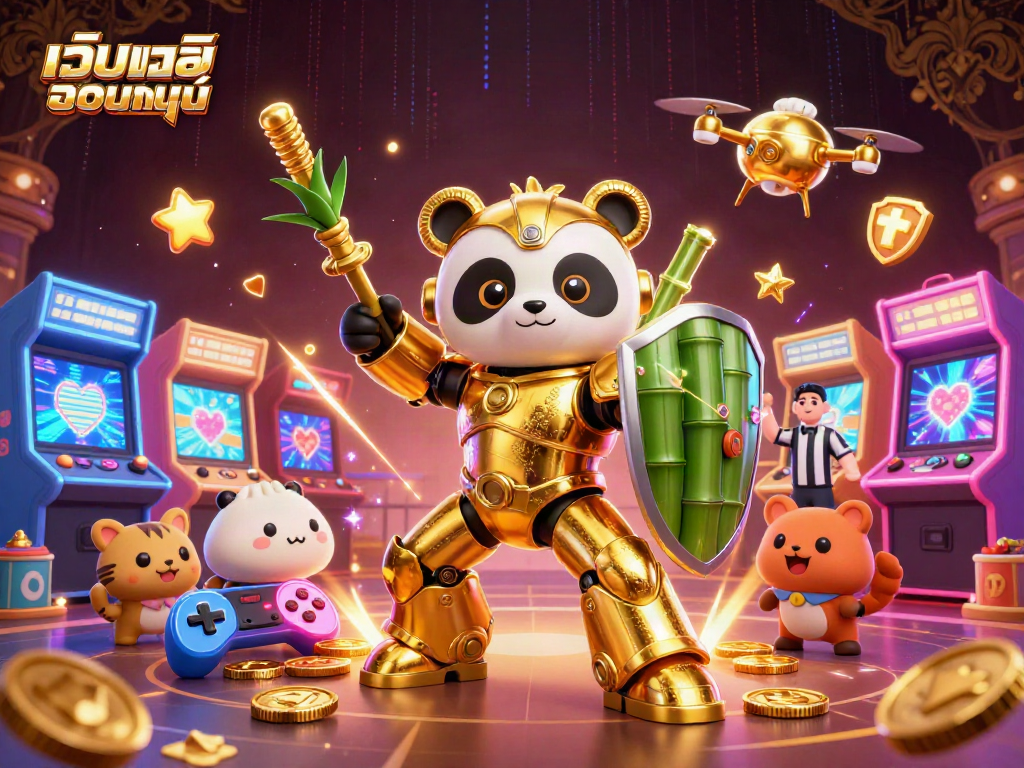 เล่น เว็บบอลออนไลน์ ผ่านภาพ 3D การ์ตูนของหมีแพนด้าที่สวมชุดเกราะในสนามแข่ง