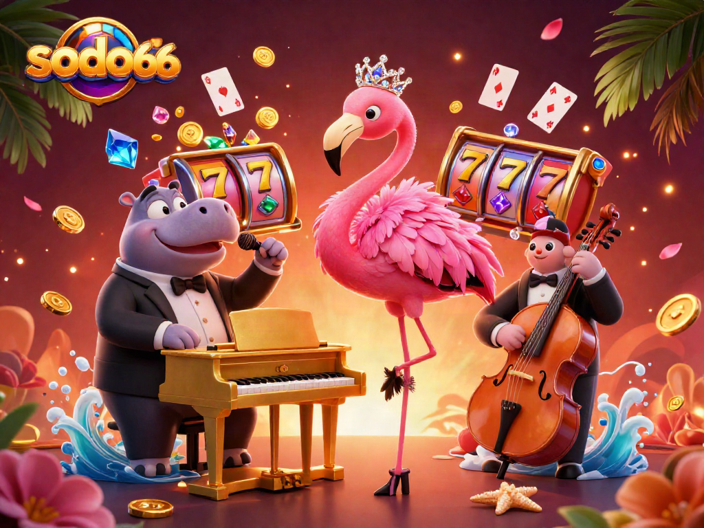 Experience the excitement at sodo66 with vibrant casino-themed characters and dynamic gambling elements.