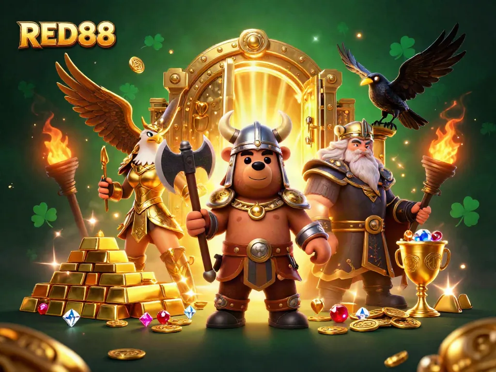 Engage with thrilling RED88 casino adventures featuring Viking and Valkyrie characters in a treasure-filled scene.