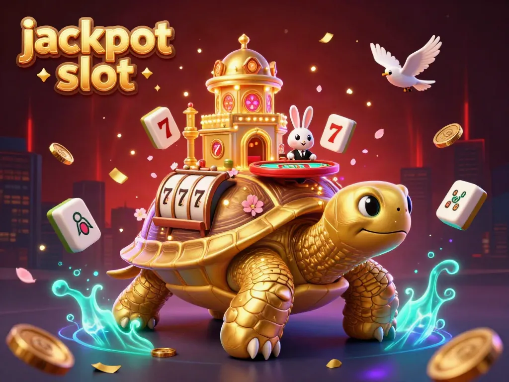 Experience the thrill of jackpot slot games with a 3D cartoon scene featuring a golden tortoise casino.