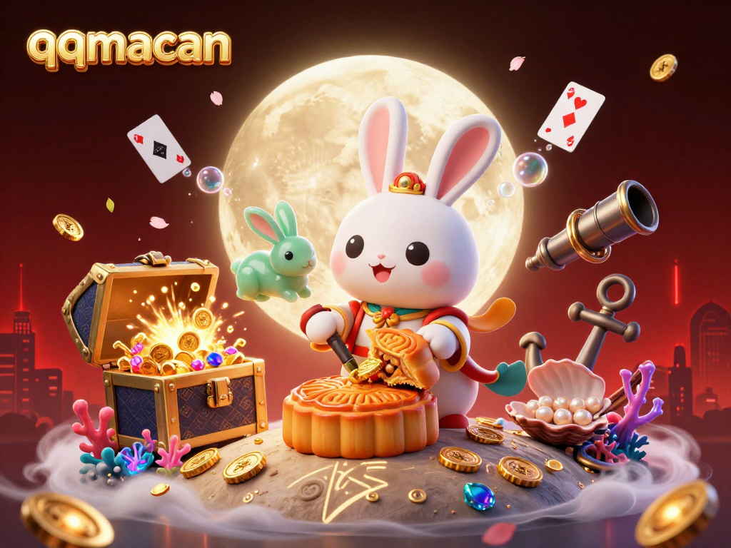 Play poker with qqmacan, where a moon rabbit reveals chips from mooncakes amidst vibrant casino elements.
