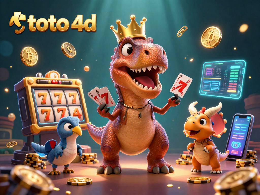 Engaging 3D scene showcasing toto 4d with a T-Rex shuffling cards, vibrant slot elements, and crypto symbols.