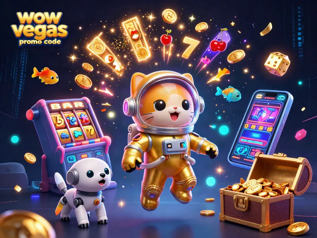 Play slots with the wow vegas promo code for bonus coins and promotions in a colorful casino scene.