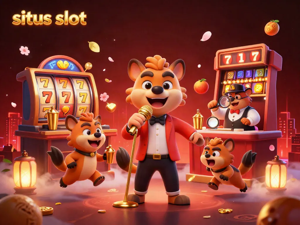 Engaging scene depicting the lively atmosphere of a situs slot casino with cartoon hyenas.