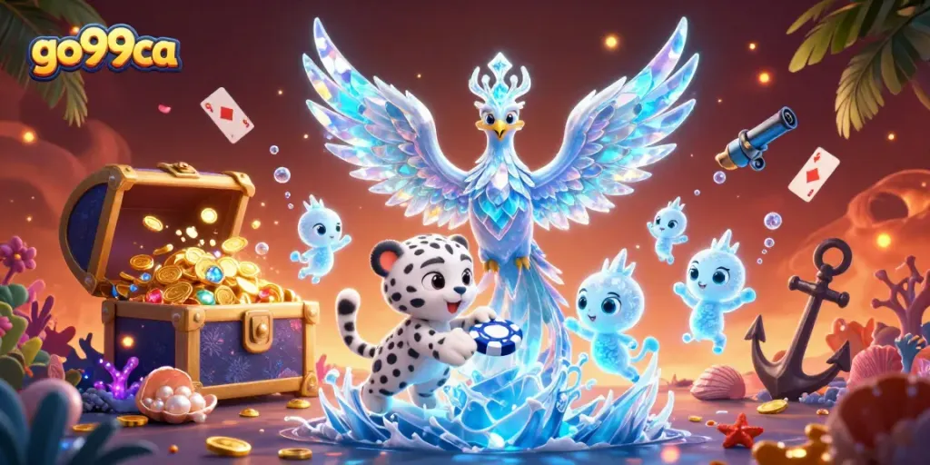 Experience the vibrant world of go99ca as the ice phoenix and snow leopard play amidst treasure and gaming elements.