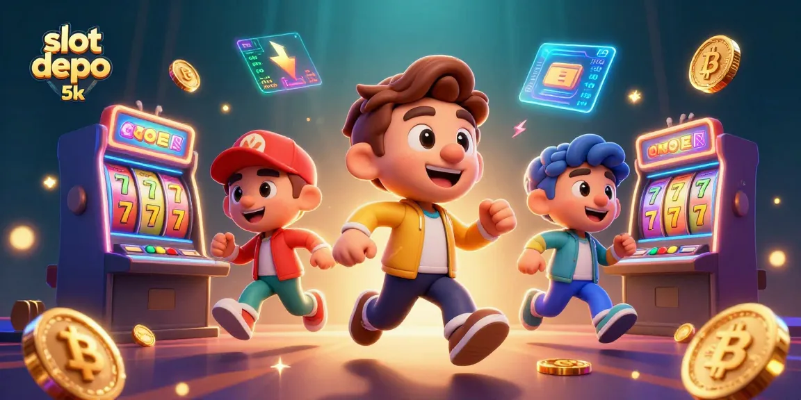 Spin to win with slot depo 5k as exciting characters play in a colorful casino setting.