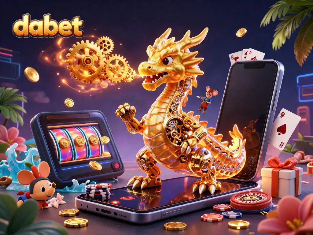 Experience the thrilling dabet casino with a golden dragon and vibrant game elements in a dynamic 3D scene.