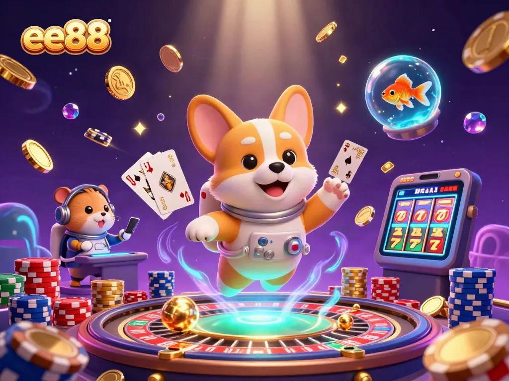 Engage with ee88's thrilling casino action featuring a floating astronaut corgi and animated gaming elements.
