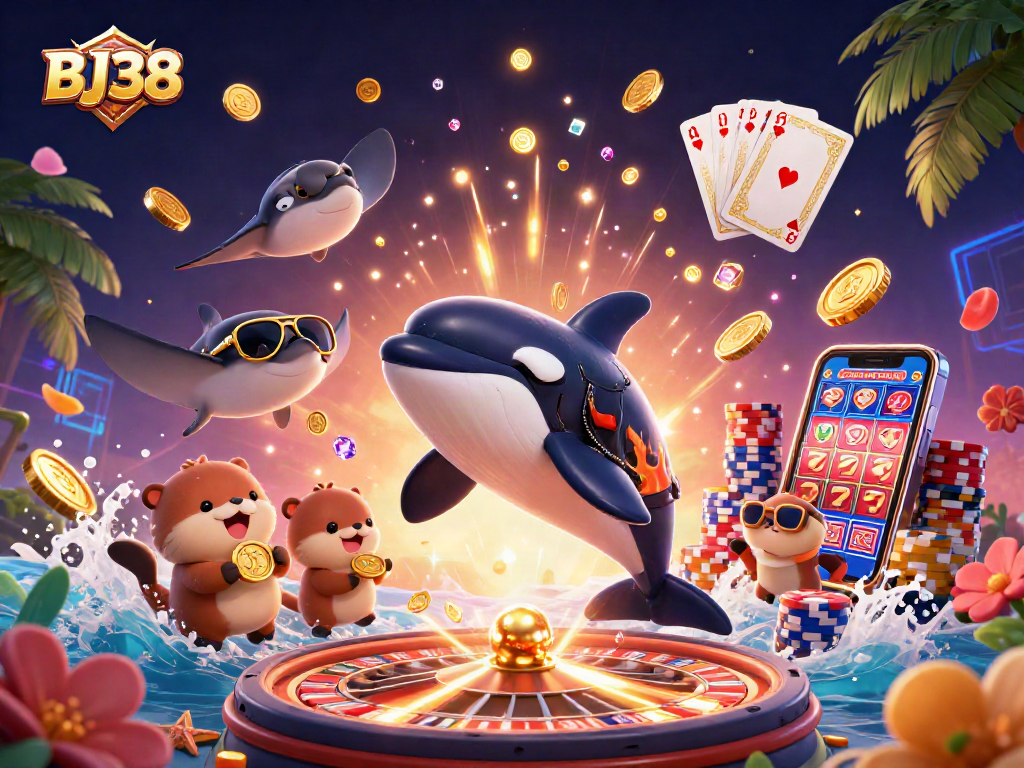 BJ38 features an orca whale in a leather jacket jumping with sea otters and a stingray, showcasing vibrant casino elements.