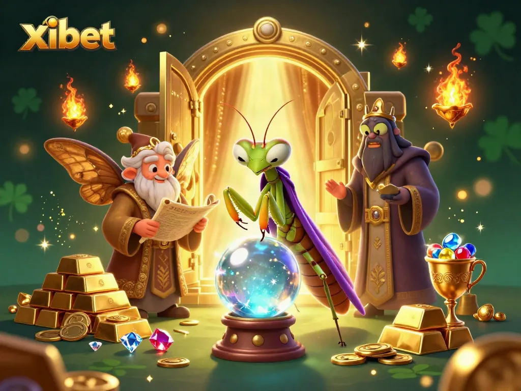 Xibet players engaging with a vibrant casino scene, filled with gems and treasures.
