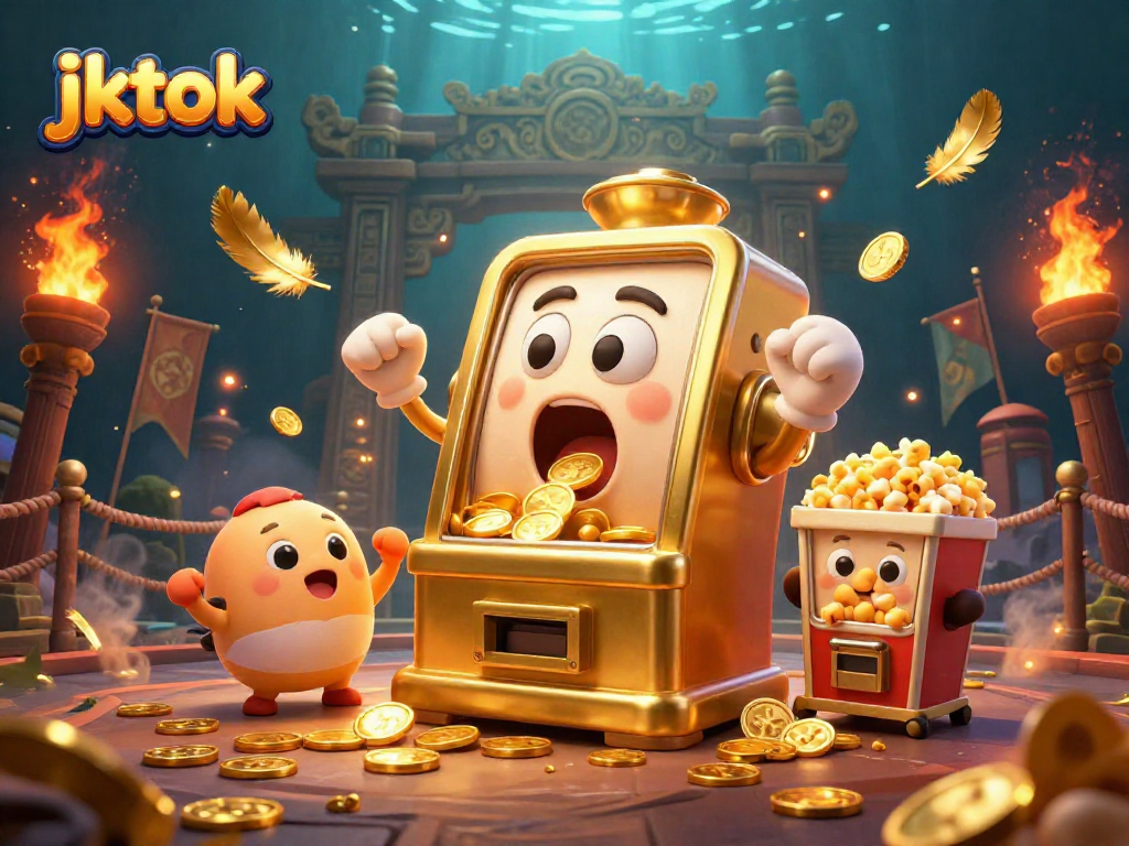 Mengalami jackpot jktok dengan mesin slot emas yang mengeluarkan koin, dikelilingi slot kecil dan popcorn.