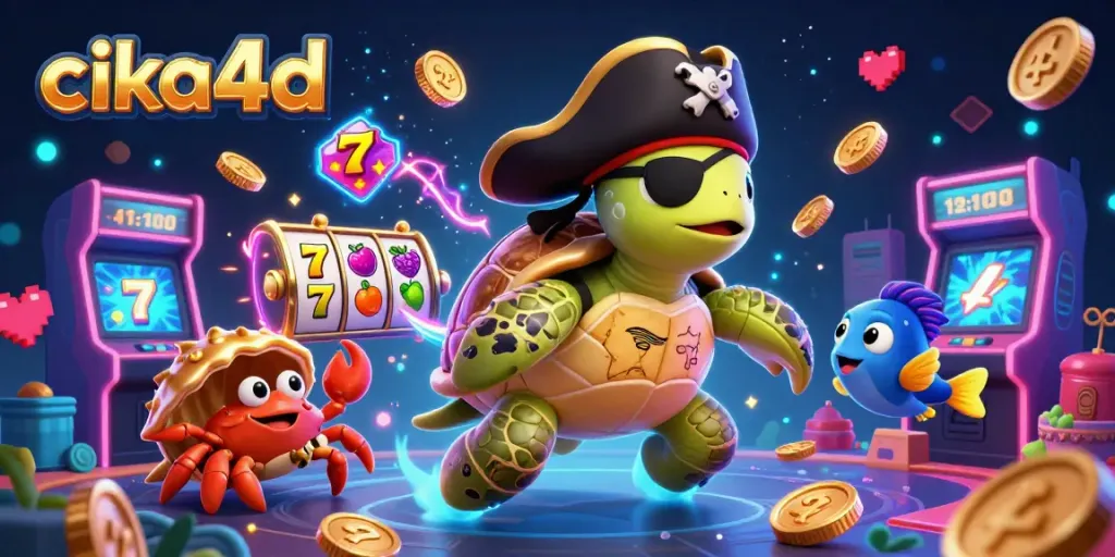 Experience the excitement of cika4d with colorful slot reels and vibrant gaming characters in a dynamic scene.