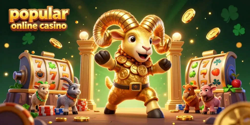 Experience the thrill at a popular online casino as a golden ram charges forward amidst vibrant slot reels and shimmering coins.