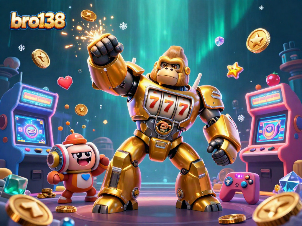Menggali jackpot dengan bro138, gorila emas mekanik menembakkan koin di kasino digital.