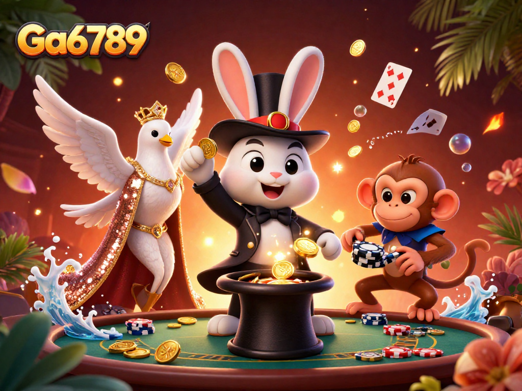 Engage with Ga6789's thrilling casino action featuring a magician rabbit and poker chips.