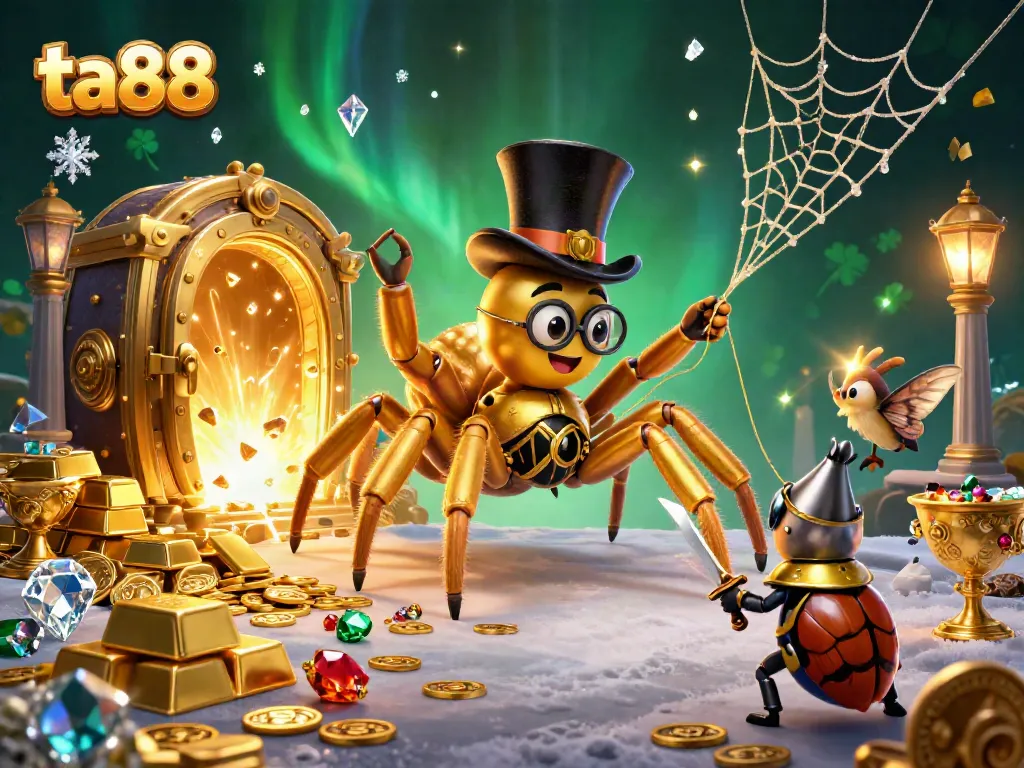 Experience thrilling action in ta88 casino as a giant golden tarantula weaves a web of fortune amidst treasures.