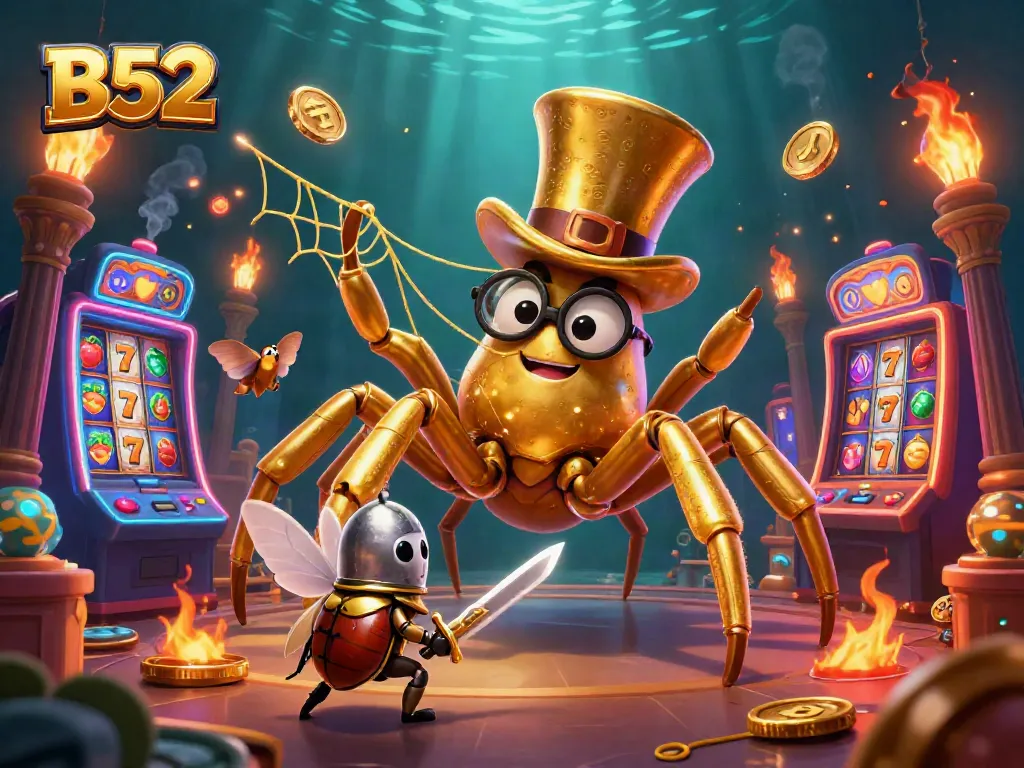 B52 slot adventure featuring a giant golden tarantula and a brave beetle knight in a vibrant casino.