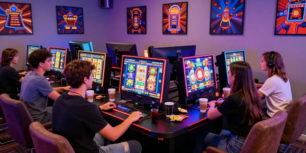 Friends enjoying slot games in a vibrant gaming lounge at luxury12.