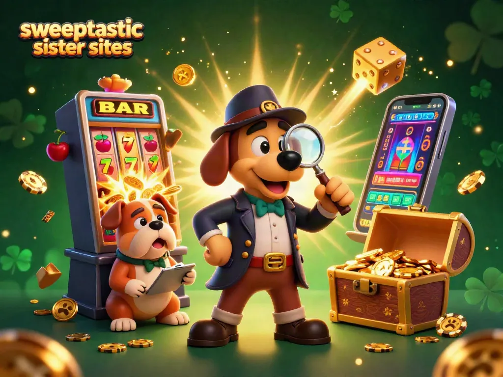 Sweeptastic sister sites featured in a vibrant illustration of a detective cartoon scene with treasures and jackpots.