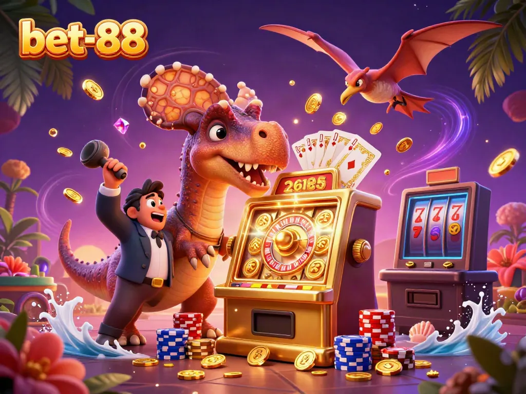 Experience the excitement of bet-88 as a pachycephalosaurus hits a slot machine for a jackpot.