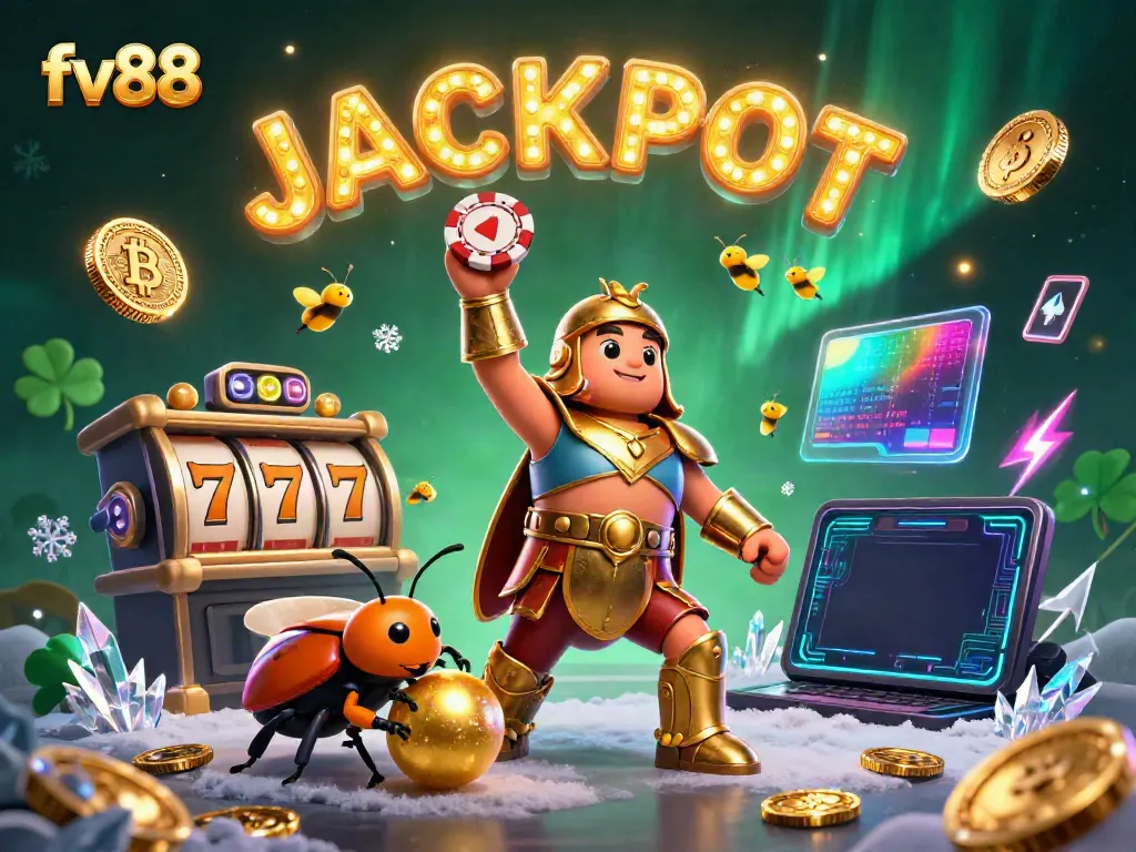 Experience wins with fv88 as a hercules beetle lifts a poker chip in victory amidst colorful casino elements.